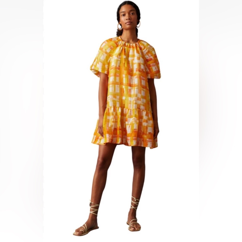 Marie Oliver Greta Puff Sleeves Golden Madras Mini Dress Sz Small